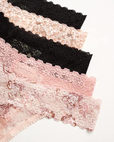 Jessica Simpson Women's Underwear - 5 Pack Stretch Microfiber Lace Thong Panties (S-XL), Size Medium, Black/Black/Animal Blush/Rose/Floral Rose