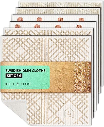 Swedish Dish Cloths, Each Reusable Cellulose Dishcloth Replaces 15 Rolls of Paper Towels and is More Absorbent than a Sponge For Washing Dishes, Kitchen, Set of Six