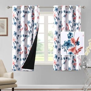 h.versailtex 100% blackout curtains 63 inch length 2 panels set cattleya floral printed drapes leah floral thermal curtains for bedroom with black liner sound proof curtains, stone blue and coral