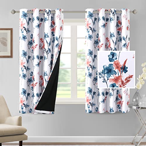 H.VERSAILTEX 100% Blackout Curtains 63 inch Length 2 Panels Set Cattleya Floral Printed Drapes Leah Floral Thermal Curtains for Bedroom with Black Liner Sound Proof Curtains, Stone Blue and Coral