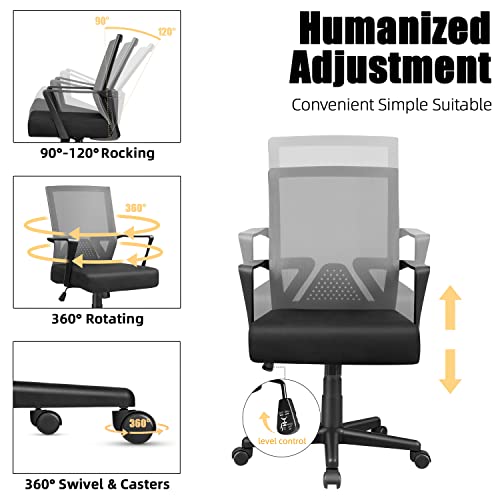 Furmax Office Chair Ergonomic Chair with Lumbar Support, Mid Back Computer Desk Chair Adjustable Height, Mesh Swivel Task Chair Humanized Breathable Chair with Armrests (Grey)