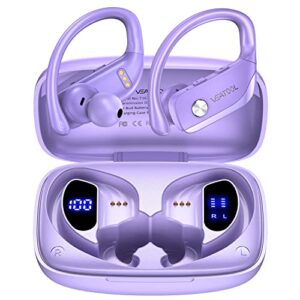 bmanl wireless earbuds bluetooth headphones 48hrs play back sport earphones with led display over-ear buds with earhooks built-in mic headset for workout purple bmani-veat00l