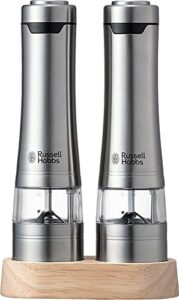 russell hobs 7923jp electric mill, salt and pepper (set of 2), wood stand set, silver