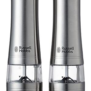 Russell Hobs 7923JP Electric Mill, Salt and Pepper (Set of 2), Wood Stand Set, Silver