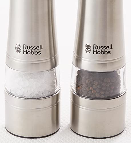 Russell Hobs 7923JP Electric Mill, Salt and Pepper (Set of 2), Wood Stand Set, Silver