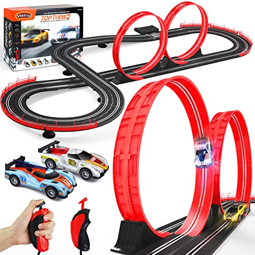 Race Track Toys for Boys Age 8-12 with 2 Loop, 4 Race Cars 1:43 Scale with Headlights, Battery Operated Slot Car Race Track Set, 2 Controllers, Lap Counter, 2 Player Game, Gift for Kids 6+ Year Old