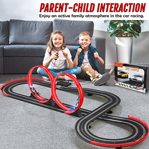 Race Track Toys for Boys Age 8-12 with 2 Loop, 4 Race Cars 1:43 Scale with Headlights, Battery Operated Slot Car Race Track Set, 2 Controllers, Lap Counter, 2 Player Game, Gift for Kids 6+ Year Old