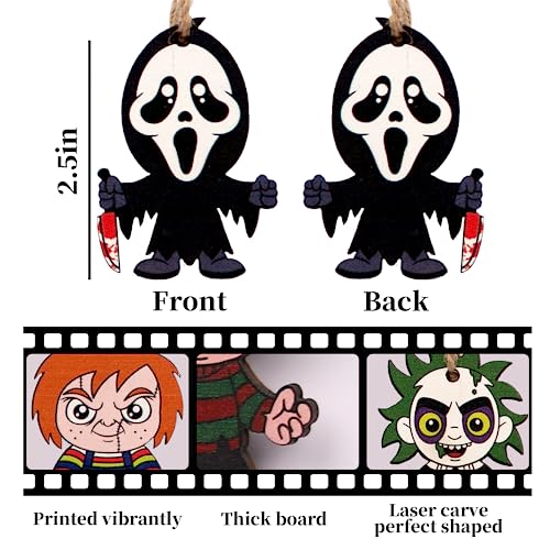 Halloween Decorations - Halloween Ornaments for Tree - Pack of 10 Wooden Hanging Horror Movie Ornaments for Halloween/Xmas Trees - Mini Halloween Tree Decorations
