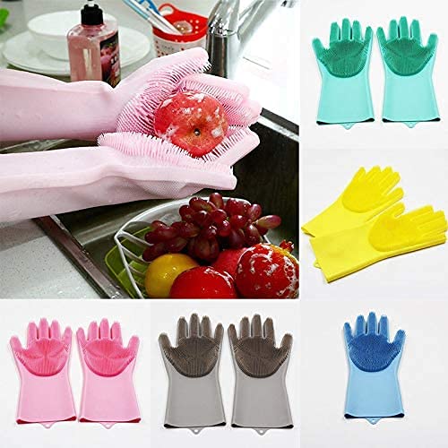 Silicone Dishwashing Gloves, Reusable Rubber Scrubbing Gloves for Dishes,Sponge Wash Cleaning Gloves with Scrubbers for Housework, Bathroom, Kitchen, Car, Pets. 1Pair (13.6" Large) (green)