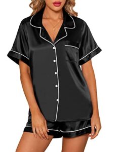 senert satin pajama set women silk pjs set short sleeve two piece button down pajamas sleepwear lounge sets black,medium