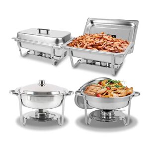 restlrious chafing dish buffet set 4 pack, stainless steel 5 qt round & 8 qt rectangular foldable chafers and buffet warmers set, full size w/water pan, food pan, fuel holder & lid for catering event