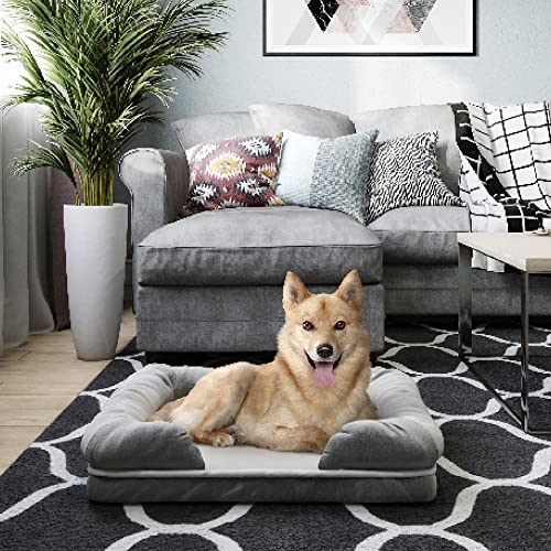 Classic Brands Ruff n' Roo Small Waterproof Bolster Cotton and Memory Foam Dog Bed with Non-Slip Bottom, Grey