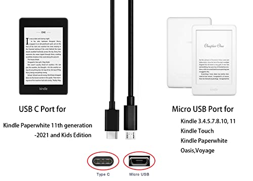 6Ft Fast Charger Fit for Kindle E-Reader 2 3 4 5 6 7 8 9 10 11,All Kindle Paperwhite,Oasis,Voyage,Kindle Touch,DX,Keyboard,Kids Edition(with 6Ft Micro USB & USB C)