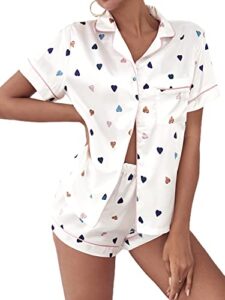 verdusa women's satin sleepwear short sleeve shirt and shorts pajama set white heart xl