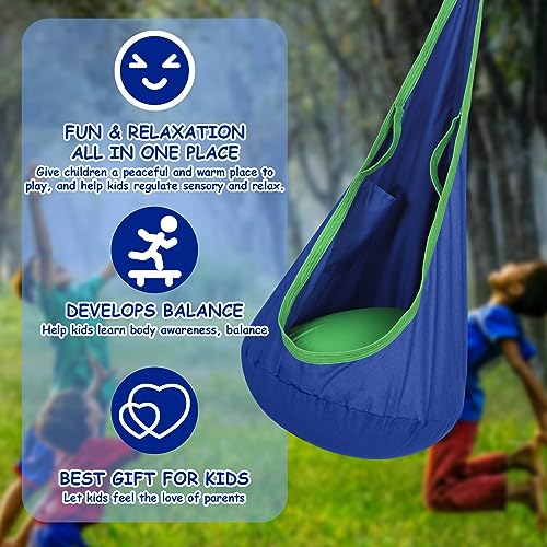 Highwild Kids Pod Swing Seat Child Hanging Hammock Chair with Inflatable Pillow - Sensory Swing Chair with Pocket and Handles - for Any Indoor or Outdoor Spaces - Max 176 Lbs (Blue and Green)