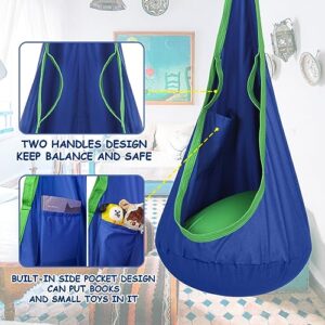 Highwild Kids Pod Swing Seat Child Hanging Hammock Chair with Inflatable Pillow - Sensory Swing Chair with Pocket and Handles - for Any Indoor or Outdoor Spaces - Max 176 Lbs (Blue and Green)
