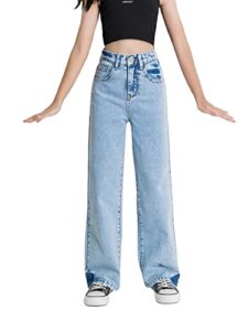 romwe girl's vintage high waisted straight leg jeans regular fit denim pants blue light wash 160