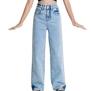 Romwe Girl's Vintage High Waisted Straight Leg Jeans Regular Fit Denim Pants Blue Light Wash 160