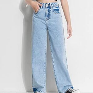 Romwe Girl's Vintage High Waisted Straight Leg Jeans Regular Fit Denim Pants Blue Light Wash 160