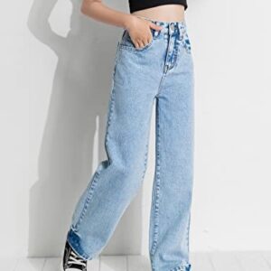 Romwe Girl's Vintage High Waisted Straight Leg Jeans Regular Fit Denim Pants Blue Light Wash 160