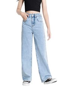 romwe girl's vintage high waisted straight leg jeans regular fit denim pants light blue light wash 160