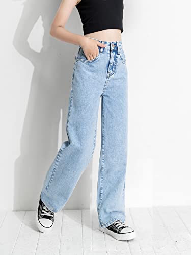 Romwe Girl's Vintage High Waisted Straight Leg Jeans Regular Fit Denim Pants Light Blue Light Wash 160