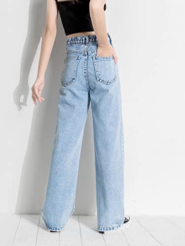 Romwe Girl's Vintage High Waisted Straight Leg Jeans Regular Fit Denim Pants Light Blue Light Wash 160