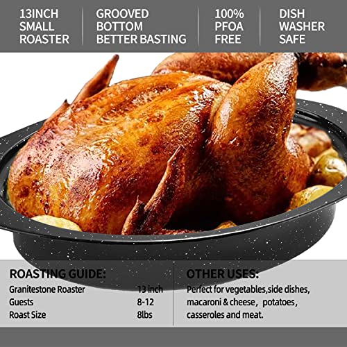 Granite Roasting Pan, Small 13” Enameled Roasting Pan with Domed Lid. Oval Turkey Roaster Pot, Broiler Pan Great for Small Chicken, Lamb, Vegetable. Dishwasher Safe Cookware Fit for 7Lb Bird