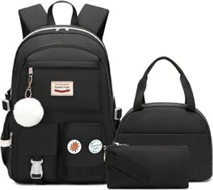 spotted tiger school backpack for girls backpack with lunch box anime bookbag school bag kawaii backpack set for teen girls (black)