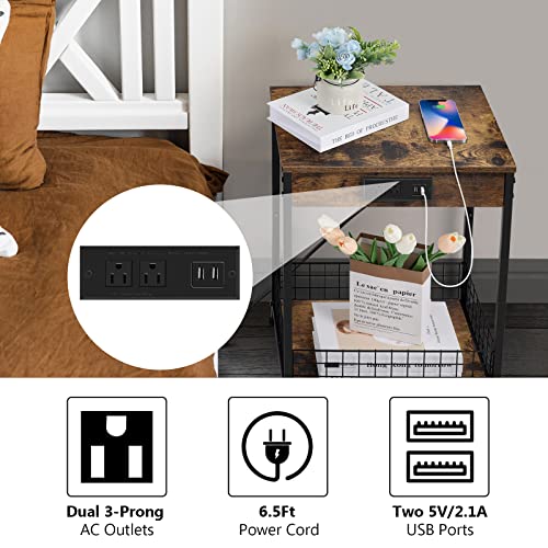 smusei Nightstand Set of 2 Bedroom Small End Table with Charging Station for Small Spaces 2 Tier Farmhouse Night Stands Bedside Tables with Storage Basket for Living Room