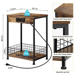 smusei Nightstand Set of 2 Bedroom Small End Table with Charging Station for Small Spaces 2 Tier Farmhouse Night Stands Bedside Tables with Storage Basket for Living Room