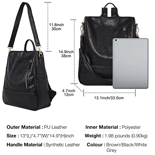 FOXLOVER Fashion Anti Theft Backpack Purse for Women, Large Convertible Travel Work College Ladies Leather Shoulder Bag (Black)