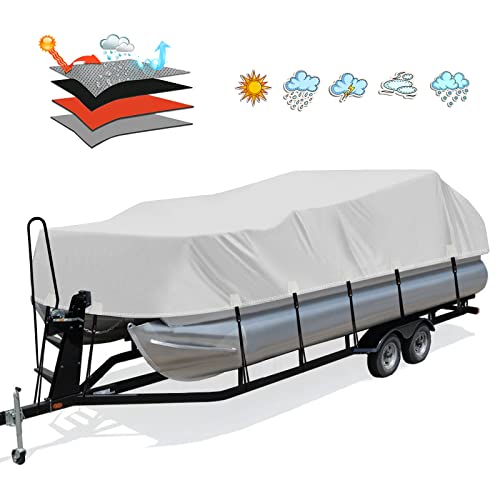 Solim Trailerable 800D PU Heavy Duty Pontoon Boat Cover, 22-24ft Waterproof Marine Grade Oxford UV Resistant Polyester Canvas Cover, Boat Cover for Pontoon with Adjustable 14 Tie Down Straps, Gray