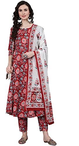 Amayra Women's Rayon Printed Anarkali Kurti with Palazzos and Dupatta Set (Maroon, Small)