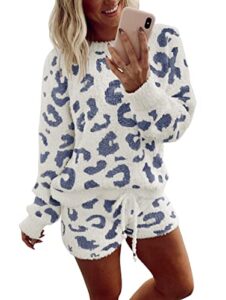merokeety women's cozy fuzzy fleece leopard pullover nightwear casual crewneck matching loungewear pj sets,dustyblue,xl