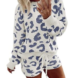 MEROKEETY Women's Cozy Fuzzy Fleece Leopard Pullover Nightwear Casual Crewneck Matching Loungewear Pj Sets,DustyBlue,XL