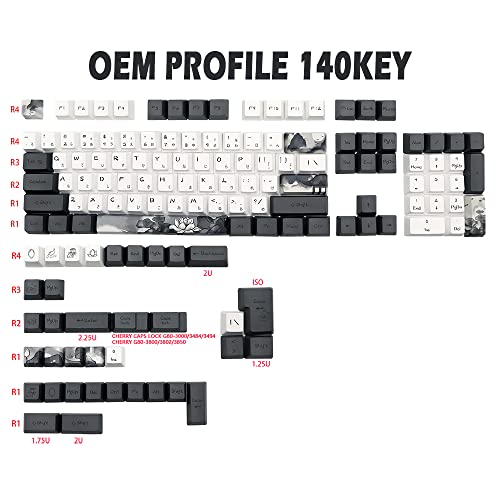 MOLGRIA Ink Lotus Keycaps, 140 Set Custom Keycaps for Gaming Keyboard, PBT OEM Profile Dye Sublimation Keycaps ANSI/ISO Layout with Japanese Font for Gateron Kailh Cherry MX 104/87/74/61 60 Keyboard