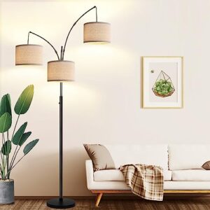 Dimmable Floor Lamp - 3 Lights Arc Floor Lamps for Living Room, 1000LM Modern Tall Standing Lamp With Beige Shades & Heavy Base, Mid Century Tree Floor Lamp for Bedroom Office, 3 LED Bulbs Included