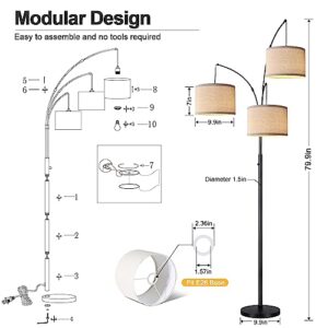 Dimmable Floor Lamp - 3 Lights Arc Floor Lamps for Living Room, 1000LM Modern Tall Standing Lamp With Beige Shades & Heavy Base, Mid Century Tree Floor Lamp for Bedroom Office, 3 LED Bulbs Included