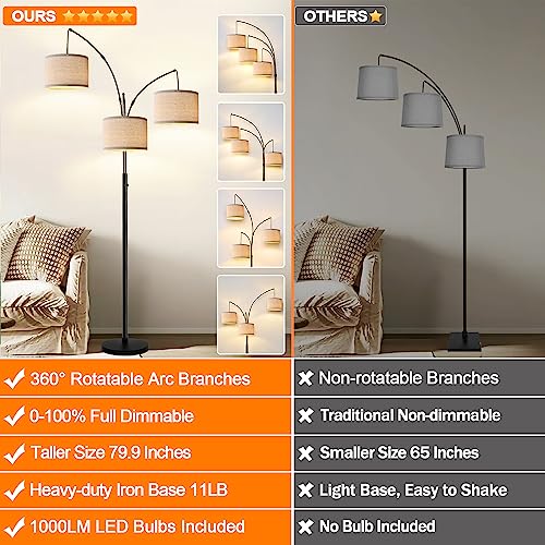 Dimmable Floor Lamp - 3 Lights Arc Floor Lamps for Living Room, 1000LM Modern Tall Standing Lamp With Beige Shades & Heavy Base, Mid Century Tree Floor Lamp for Bedroom Office, 3 LED Bulbs Included
