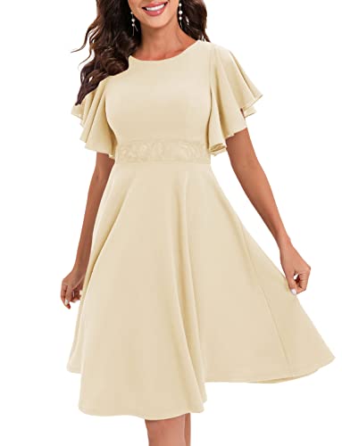 Gardenwed Beige Women's Cocktail Dress Ruffle Short Sleeve A Line Swing Flared Midi Party Homecoming Dresses Champagne 2XL