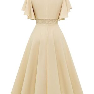 Gardenwed Beige Women's Cocktail Dress Ruffle Short Sleeve A Line Swing Flared Midi Party Homecoming Dresses Champagne 2XL