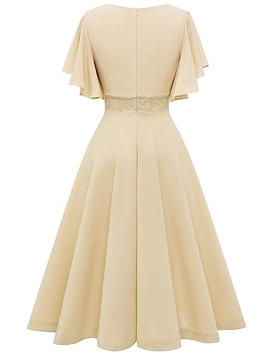 Gardenwed Beige Women's Cocktail Dress Ruffle Short Sleeve A Line Swing Flared Midi Party Homecoming Dresses Champagne 2XL