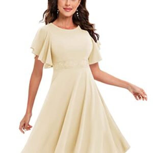 Gardenwed Beige Women's Cocktail Dress Ruffle Short Sleeve A Line Swing Flared Midi Party Homecoming Dresses Champagne 2XL