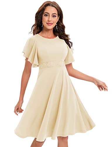 Gardenwed Beige Women's Cocktail Dress Ruffle Short Sleeve A Line Swing Flared Midi Party Homecoming Dresses Champagne 2XL