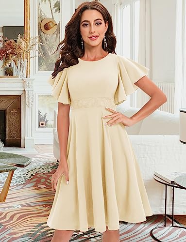 Gardenwed Beige Women's Cocktail Dress Ruffle Short Sleeve A Line Swing Flared Midi Party Homecoming Dresses Champagne 2XL