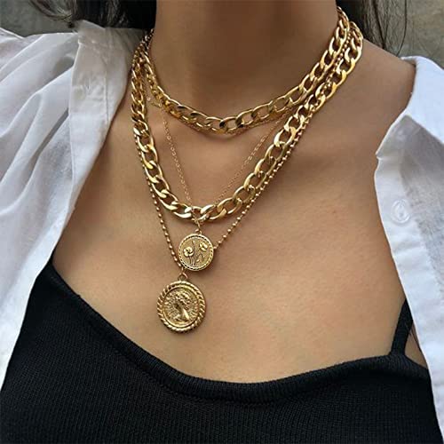 MJartoria Gold Layered Necklaces for Women Trendy Retro Birthflower August Flower Coin Pendant Gold Chain Necklaces Dainty Chunky Link Chain Choker Necklaces for Girls Jewelry Birthday Gifts