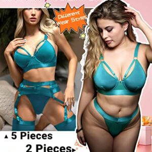 Avidlove Garter Set Lingerie for Women High Waisted Underwire Bra and Panty Sets Sexy Push Up Boudoir Outfits(Blue,XL)