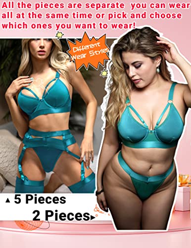 Avidlove Garter Set Lingerie for Women High Waisted Underwire Bra and Panty Sets Sexy Push Up Boudoir Outfits(Blue,XL)