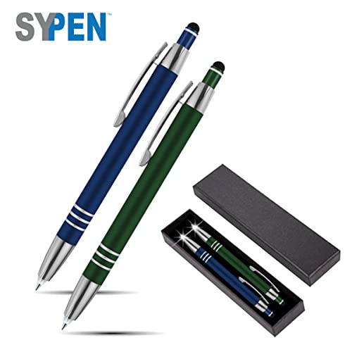 SyPen Luxury Pen Gift Set, 2 Rubberized Metal Ballpoint Pens +Night Writer LED Flashlight +Stylus for Touchscreens +Gift Box, Gift Pen Sets for Men, Women, Blue/Green